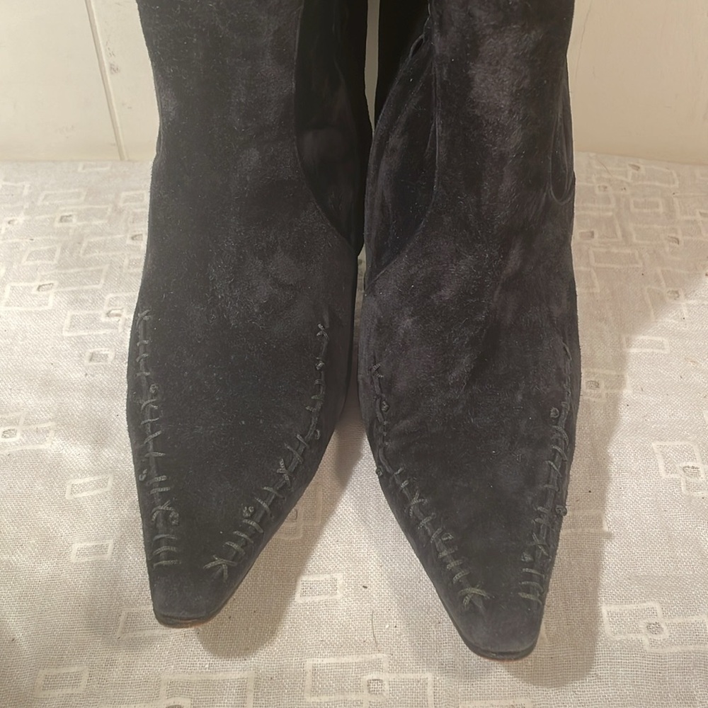 BOTTEGA VENETA Black Soft Suede Thin Heel Side Zippered Whip Stitch Tall Boots - Picture 2 of 16